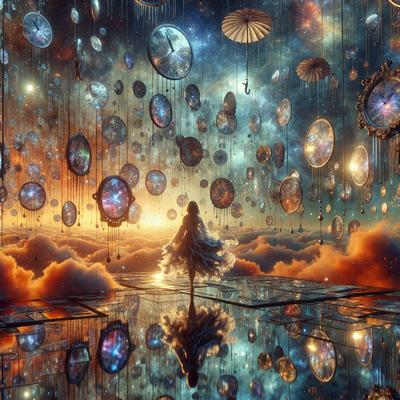 The primary subject of the image is a woman standing in a room with a mirrored surface. She is surrounded by a variety of colorful and shiny objects, including numerous clocks and other decorative items. The setting appears to be a futuristic or fantastical environment, with the woman being the focal point of the scene. The visual style of the image is a combination of photo and digital art, creating a unique and captivating atmosphere. The dominant colors in the image are bright and vibrant, with the woman